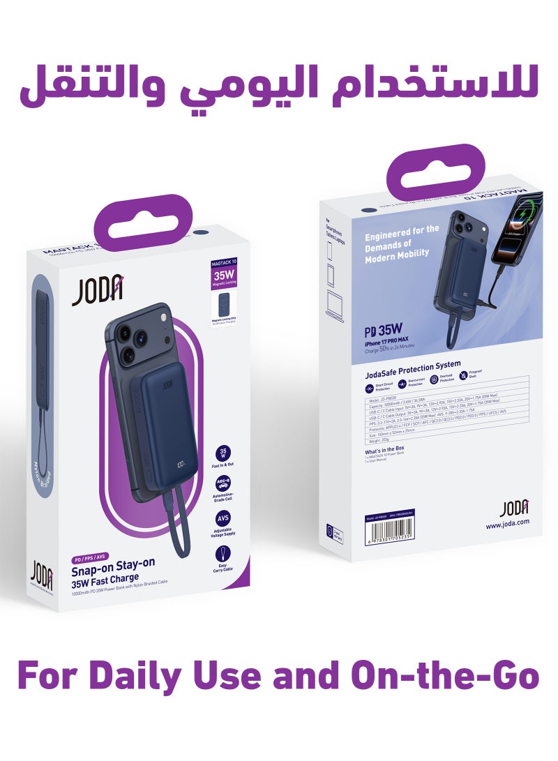 JODA MagTack 10 10000mAh PD 35W Power Bank with Nylon Braided Cable-Titanium Blue - Image 5